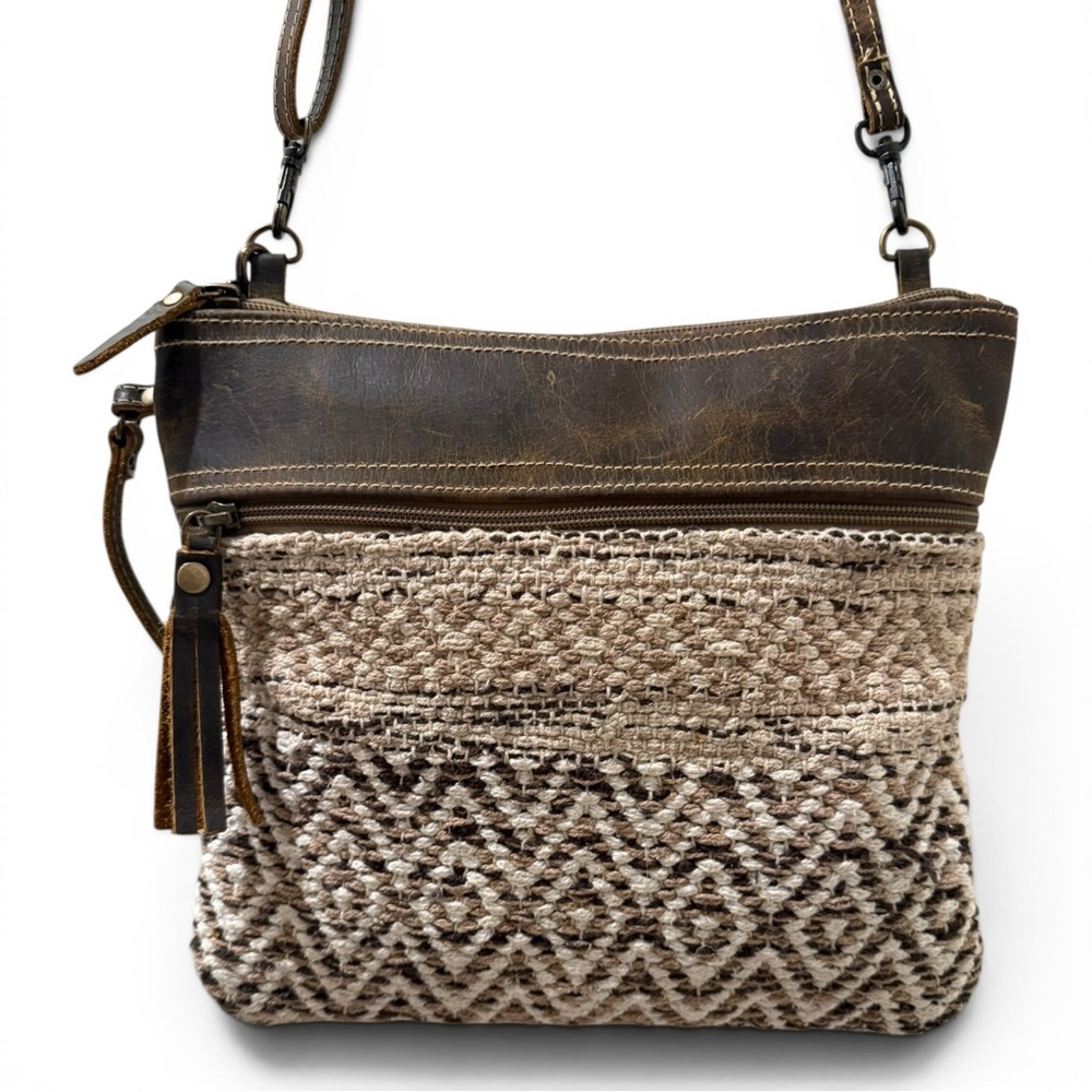 Myra Contentment Upcycled Canvas‎ Leather Crossbody Western Boho Bag Purse